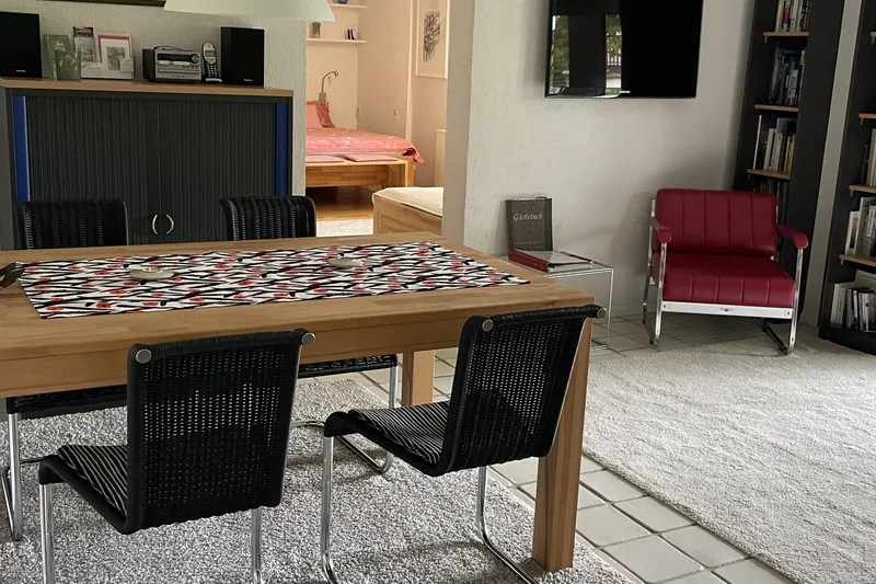 Dining area with view into the bedroom