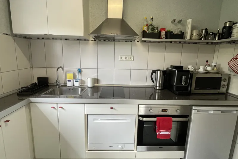 Fitted kitchen with oven and microwave
