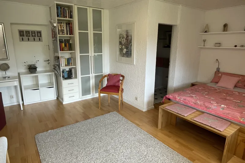 Bedroom with shelves and bookcase
